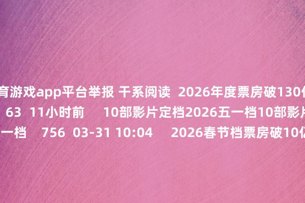 体育游戏app平台举报 干系阅读  2026年度票房破130亿2026年度票房破130亿    63  11小时前     10部影片定档2026五一档10部影片定档2026五一档    756  03-31 10:04     2026春节档票房破10亿2026春节档票房破10亿    37  02-17 13:09     2026春节档总票房破8亿2026春节档总票房破8亿    42  02-17 10:25     2025贺岁档总票房破45亿2025贺岁档总票房破45亿    20  2025-12-21 18:06     一财最热      点击关闭-kaiyun体育全站app入口IOS/安卓全站最新版下载 pc6下载站